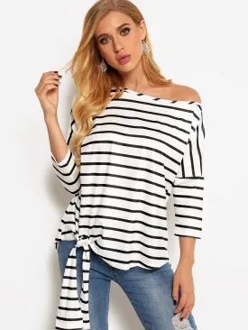 OEM ODM Asymmetrical One Shoulder Stripe Self-Tie Long Sleeve Curved Hem Blouses