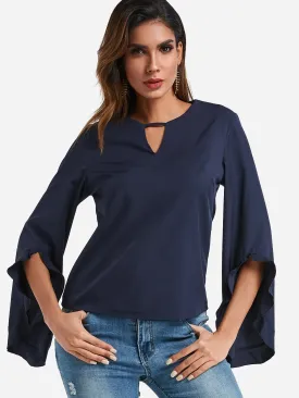 OEM ODM Crew Neck Plain Zip Back Cut Out Long Sleeve Navy Blouses