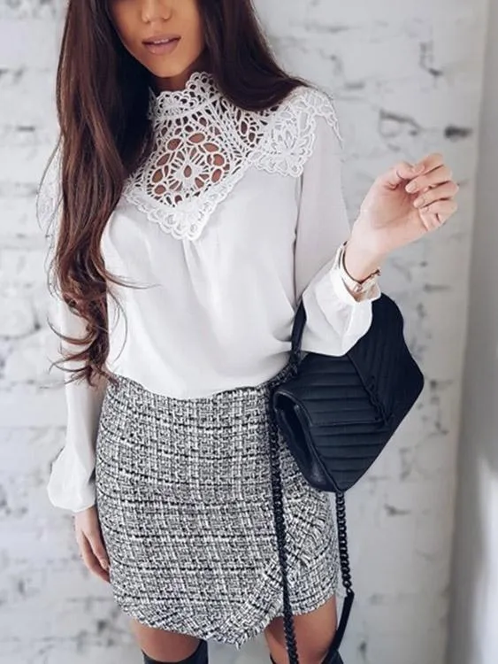 OEM ODM Crew Neck Round Neck Crochet Lace Embellished Hollow Long Sleeve White Blouses