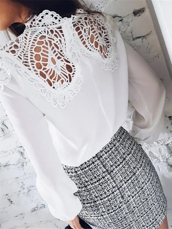 OEM ODM Crew Neck Round Neck Crochet Lace Embellished Hollow Long Sleeve White Blouses