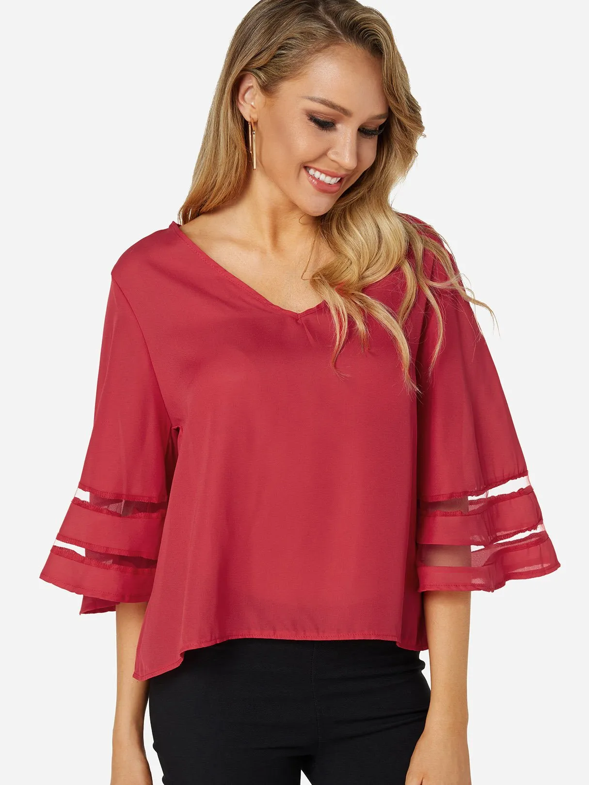 OEM ODM V-Neck Plain 3/4 Sleeve Blouses