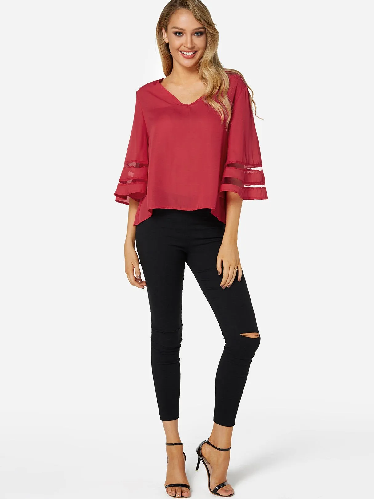 OEM ODM V-Neck Plain 3/4 Sleeve Blouses