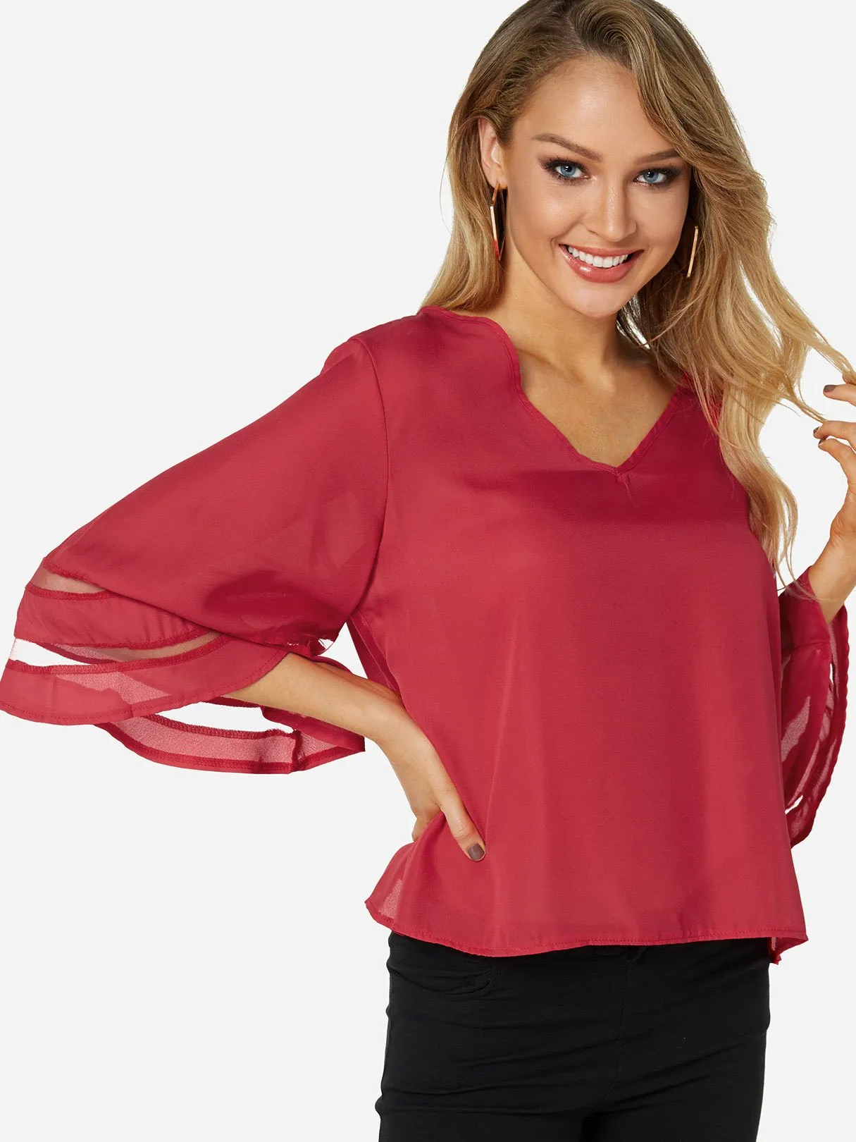 OEM ODM V-Neck Plain 3/4 Sleeve Blouses