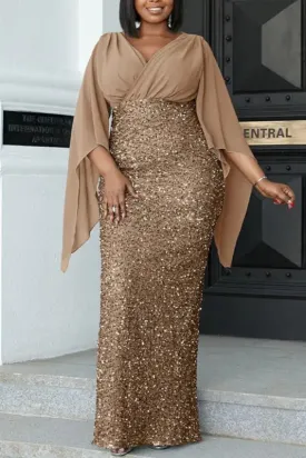 Plus Size Angel Sleeve Sequin Bottom  Floor Length Dress