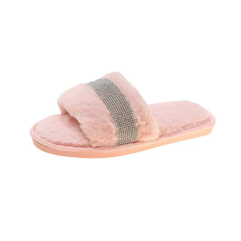 Rhinestone Faux Fur Slippers - Pink