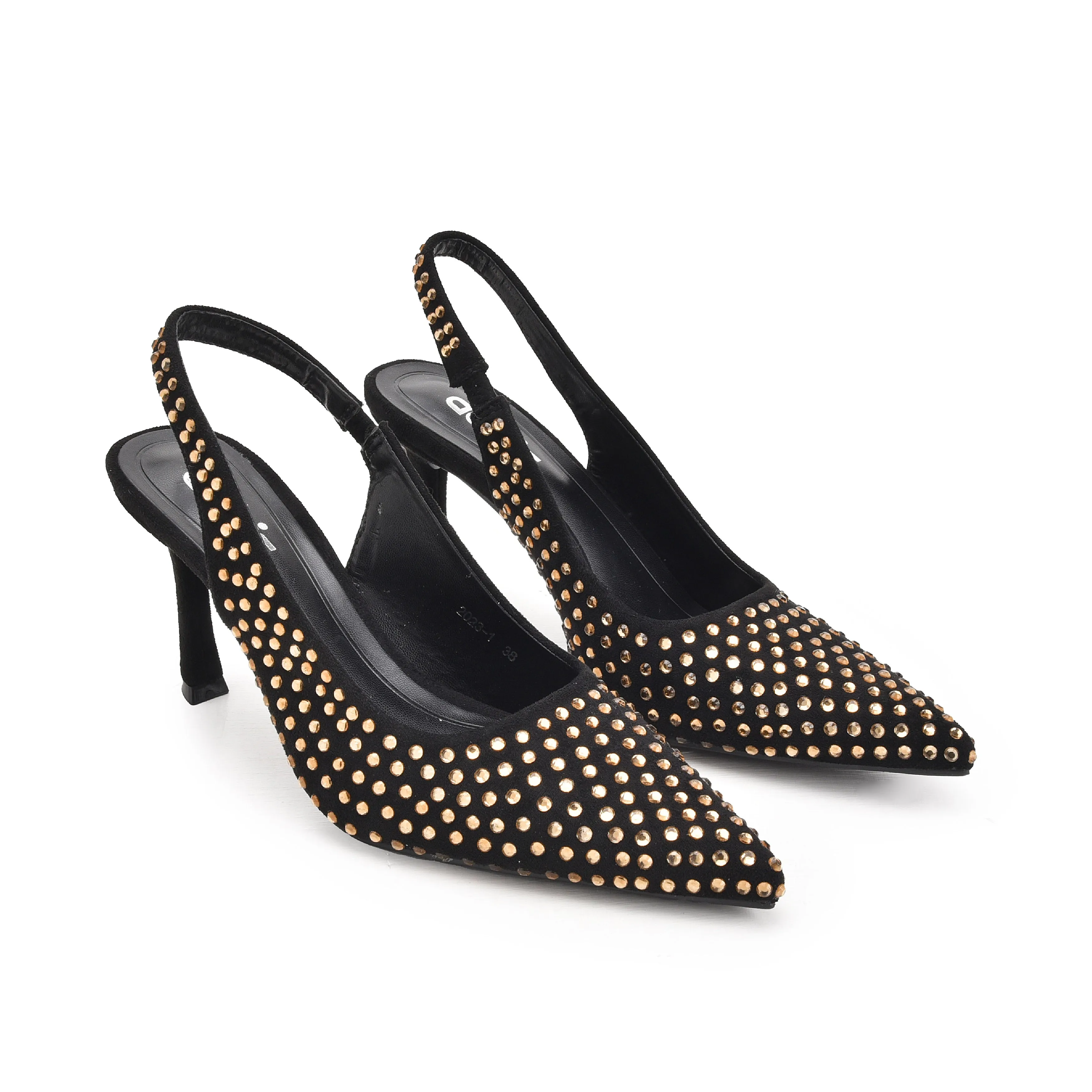 Stylish Black and Gold Studded Slingback Heels | 421N-X