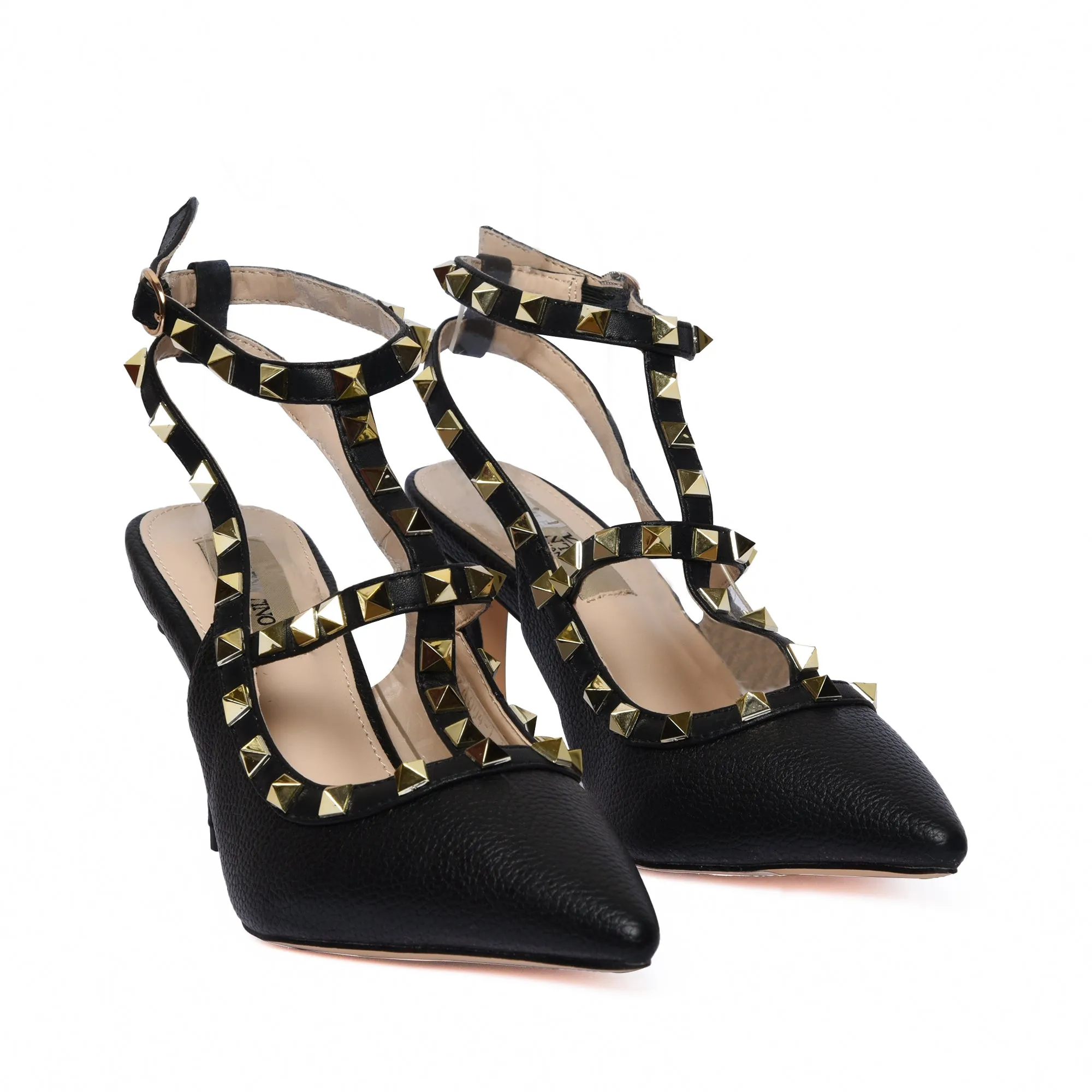 Stylish Black Studded Strappy High Heels | 434L-C