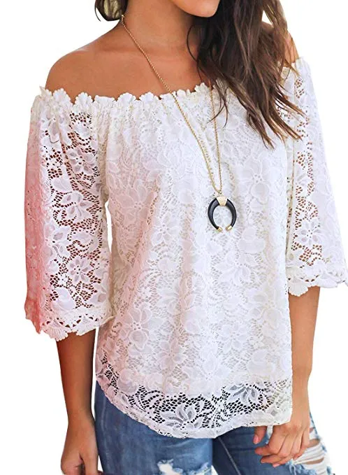 TastyHottie - Women's Lace Off Shoulder Tops Casual Loose Blouse Shirts