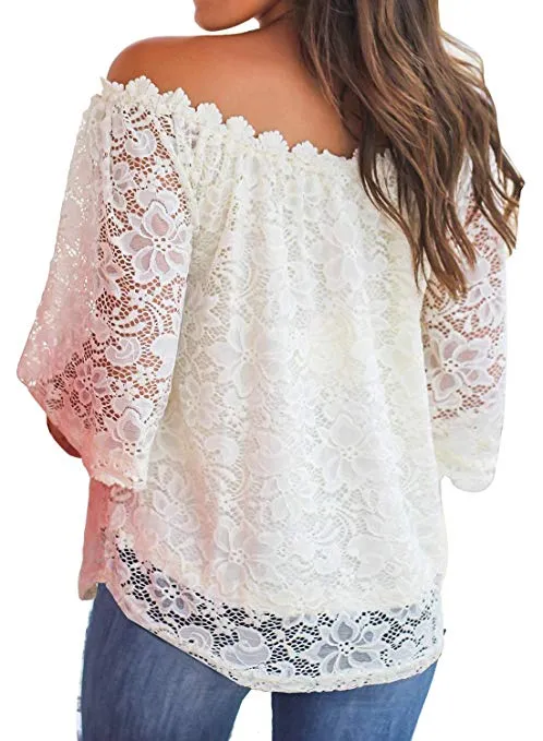 TastyHottie - Women's Lace Off Shoulder Tops Casual Loose Blouse Shirts