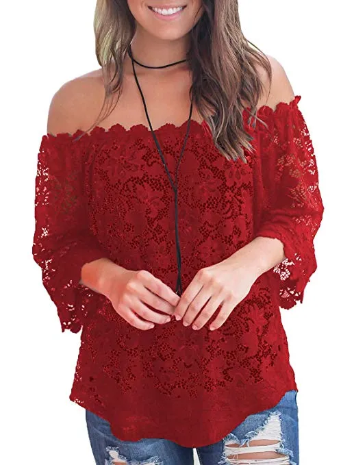 TastyHottie - Women's Lace Off Shoulder Tops Casual Loose Blouse Shirts