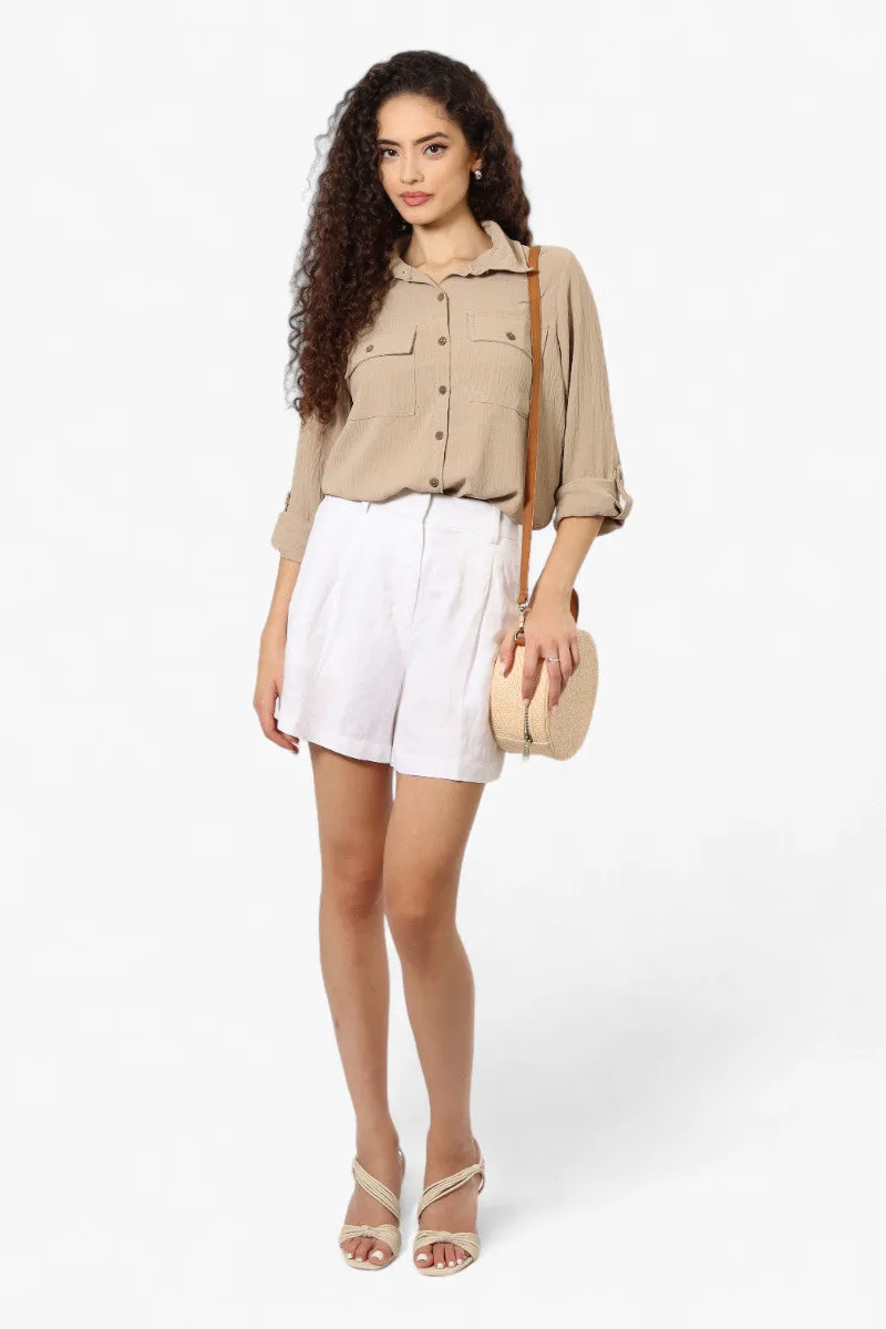 Urbanology Roll Up Sleeve Button Down Shirt - Beige