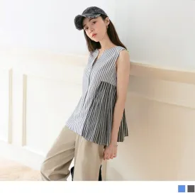 V-NECK STRIPED PATCHED SLEEVLESS A-LINE TOPS