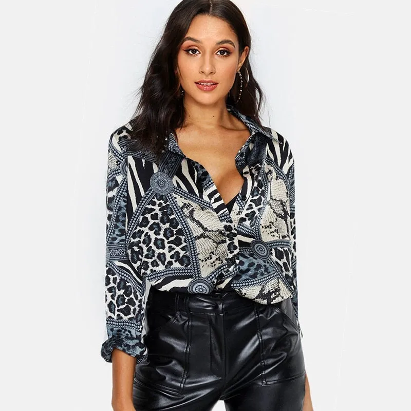 Women Blouses Sexy Leopard Blouse Shirt Long