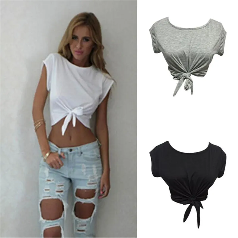 Women Knotted Tie Front Crop Tops Cropped T Shirt