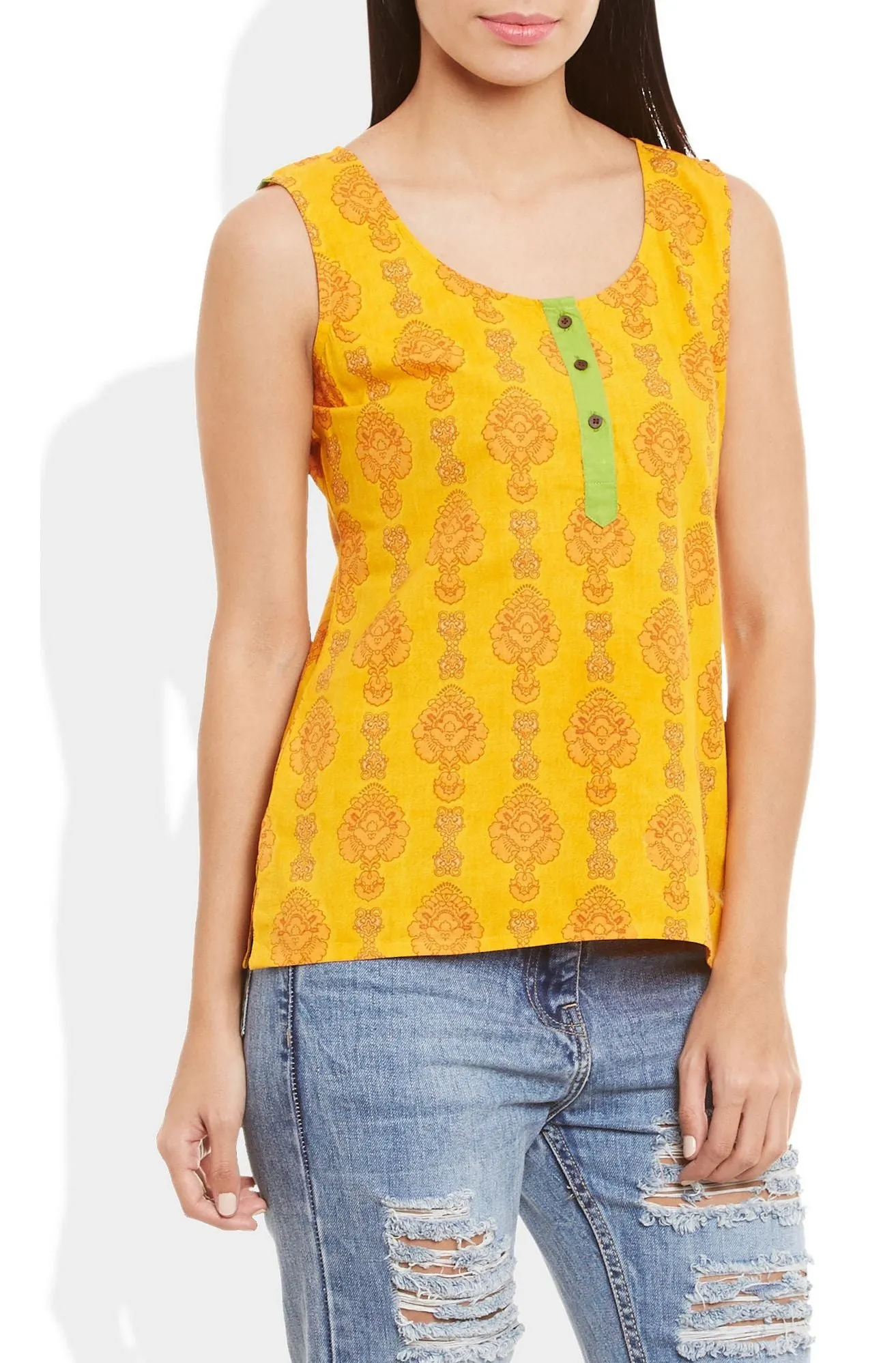 Womens Cotton Printed Short Top Kurti Sleeveless With Contrast Placket And Buttons,5X-Large,W-CST46-3124