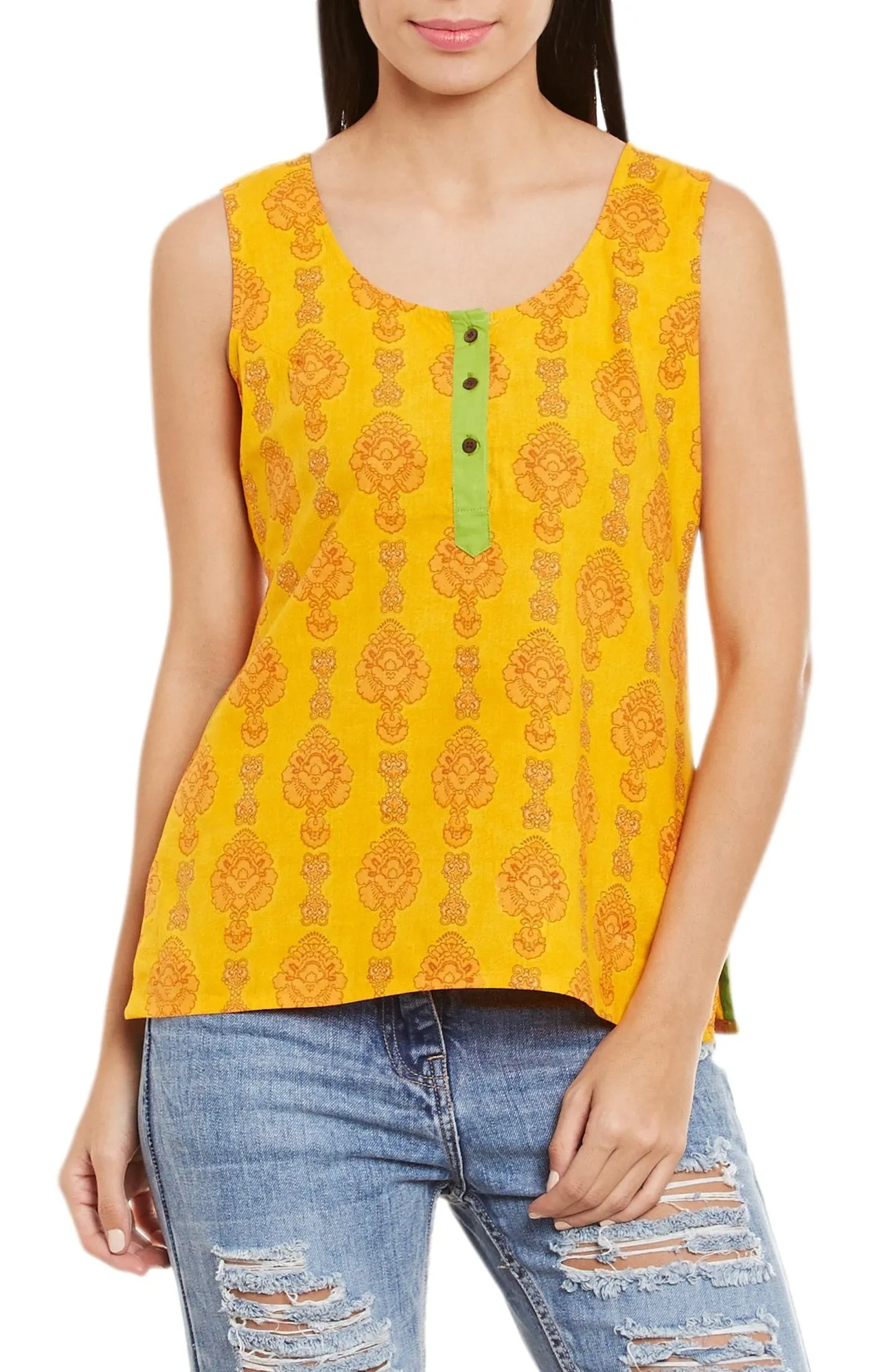 Womens Cotton Printed Short Top Kurti Sleeveless With Contrast Placket And Buttons,5X-Large,W-CST46-3124